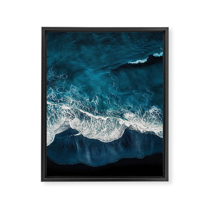 Wild Waves on a Black Beach in Iceland - Moody Aerial Photography Framed Canvas Print Gallery Image 1