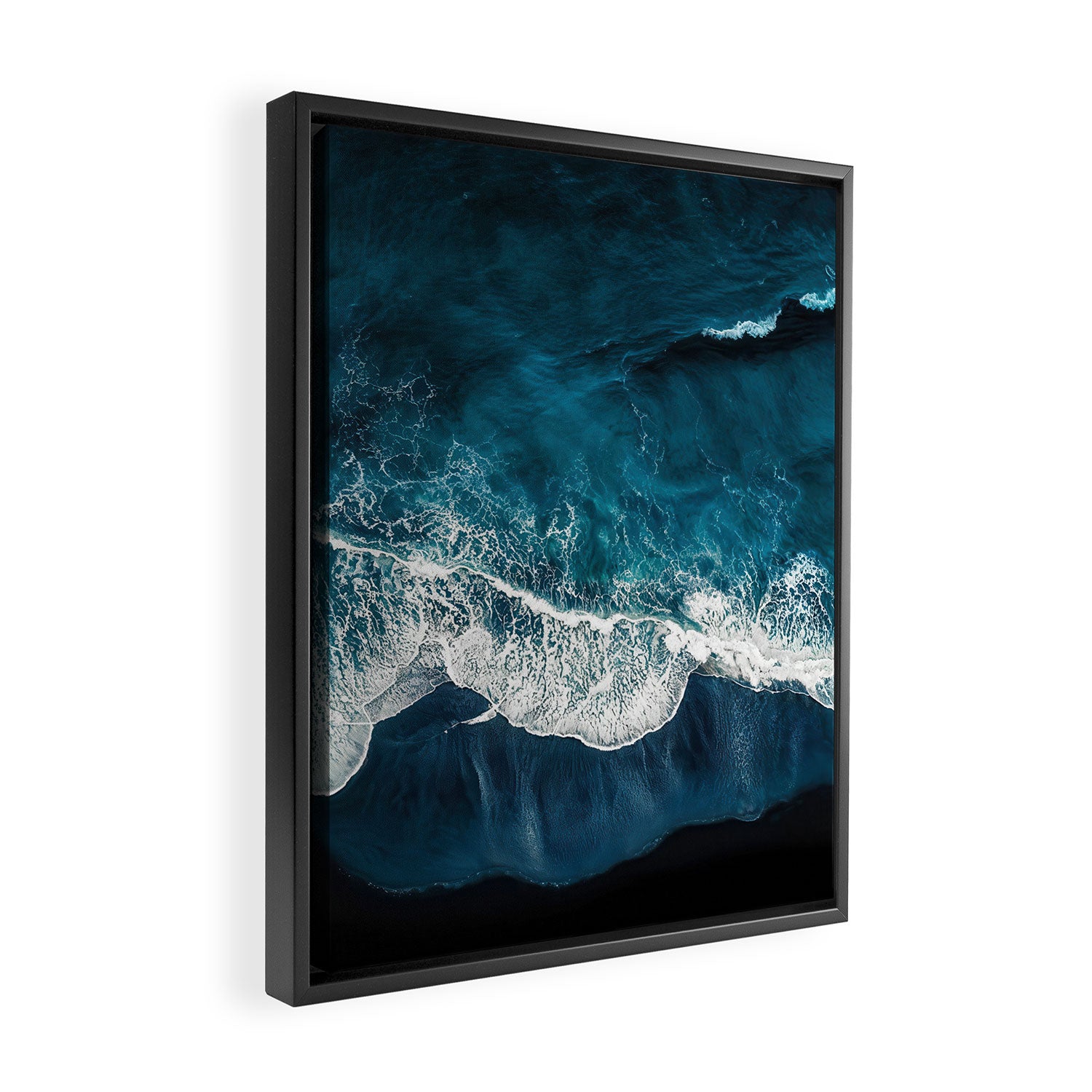 Wild Waves on a Black Beach in Iceland - Moody Aerial Photography Framed Canvas Print Gallery Image 2