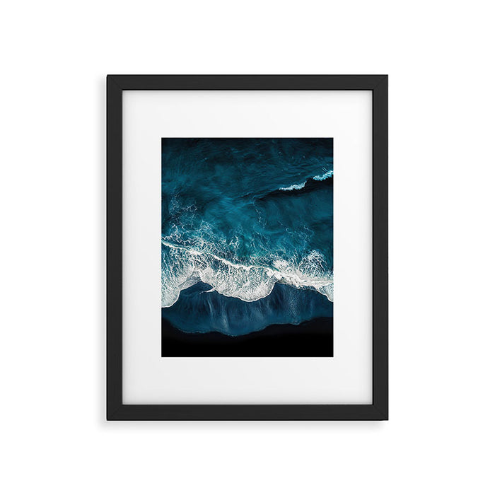 Wild Waves on a Black Beach in Iceland - Moody Aerial Photography Framed Art Print Gallery Image 1