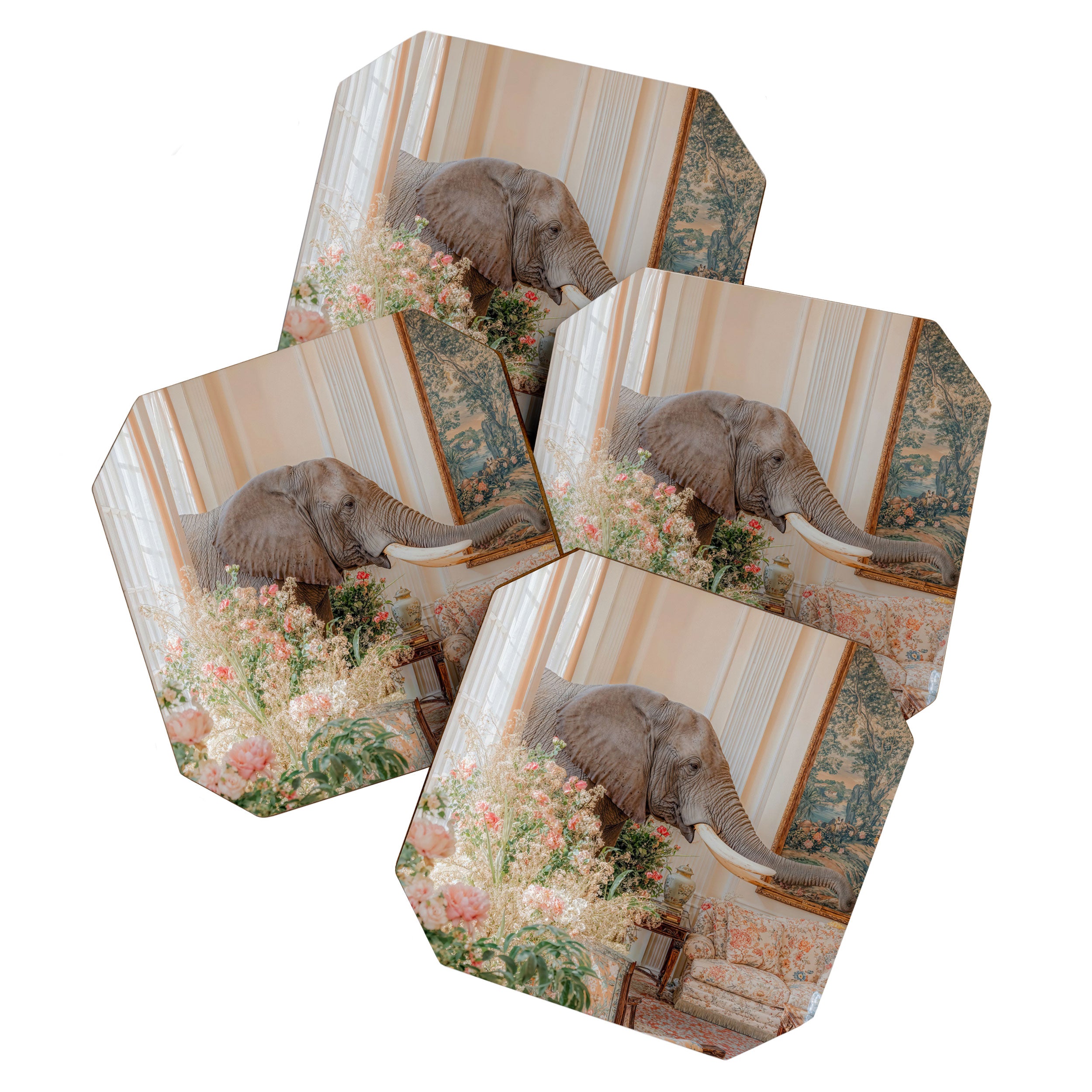 Wildlife Wall Art Elephant maximalist Flower Poster luxurious living Room Decor Renaissance Print Coaster Gallery Image 1