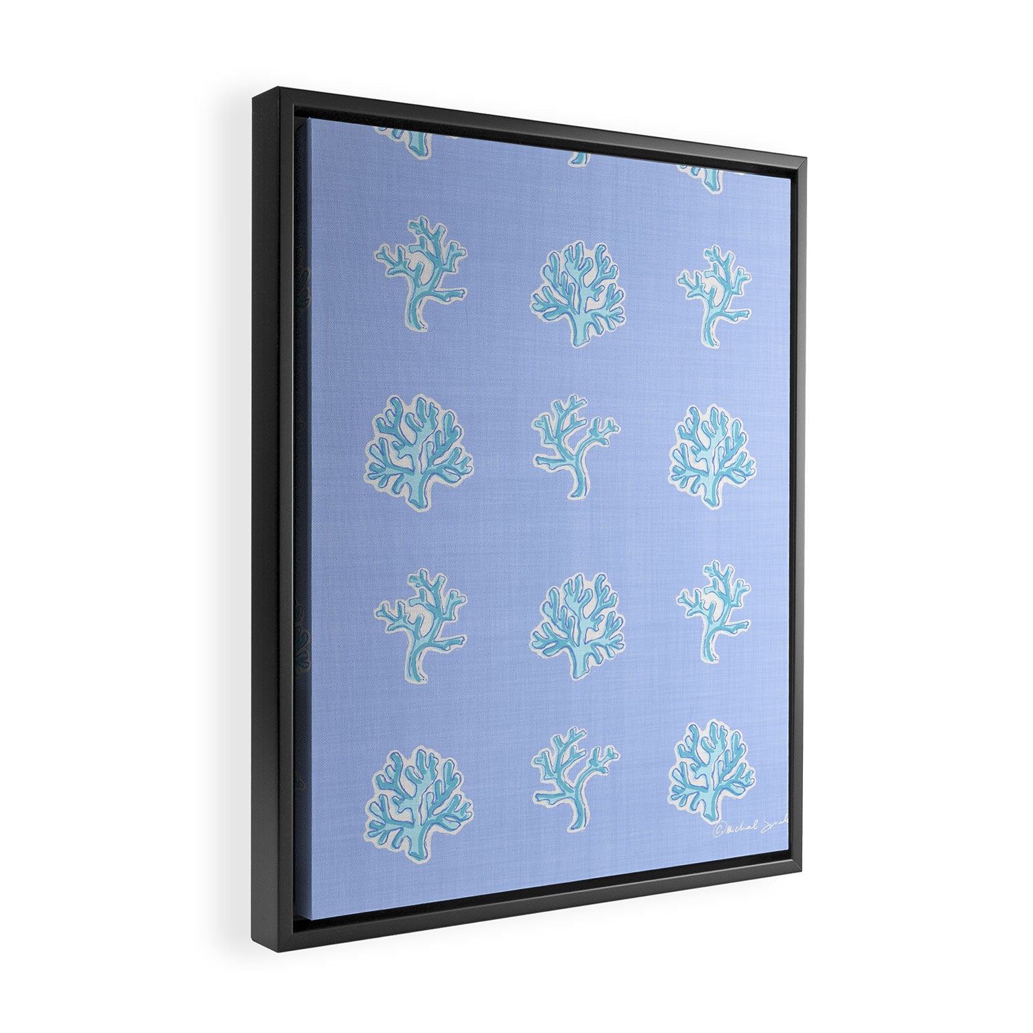 Coastal Coral Block Print in Blue and Aqua Framed Canvas Print Gallery Image 2