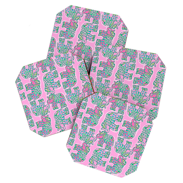 Elephant Block Print in Pink and Green Coaster Gallery Image 1