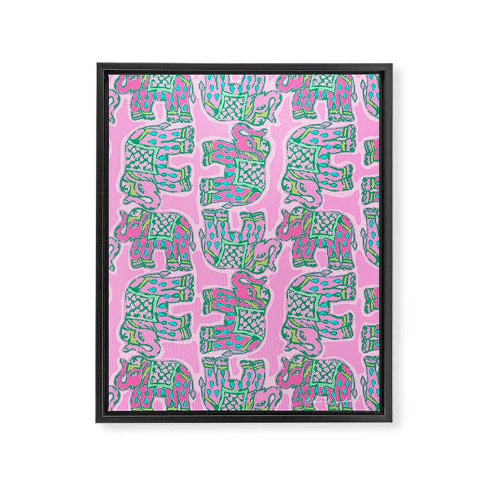 Elephant Block Print in Pink and Green Framed Canvas Print Gallery Image 1