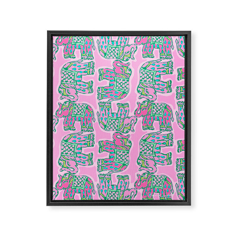 Elephant Block Print in Pink and Green Framed Canvas Print Gallery Image 6