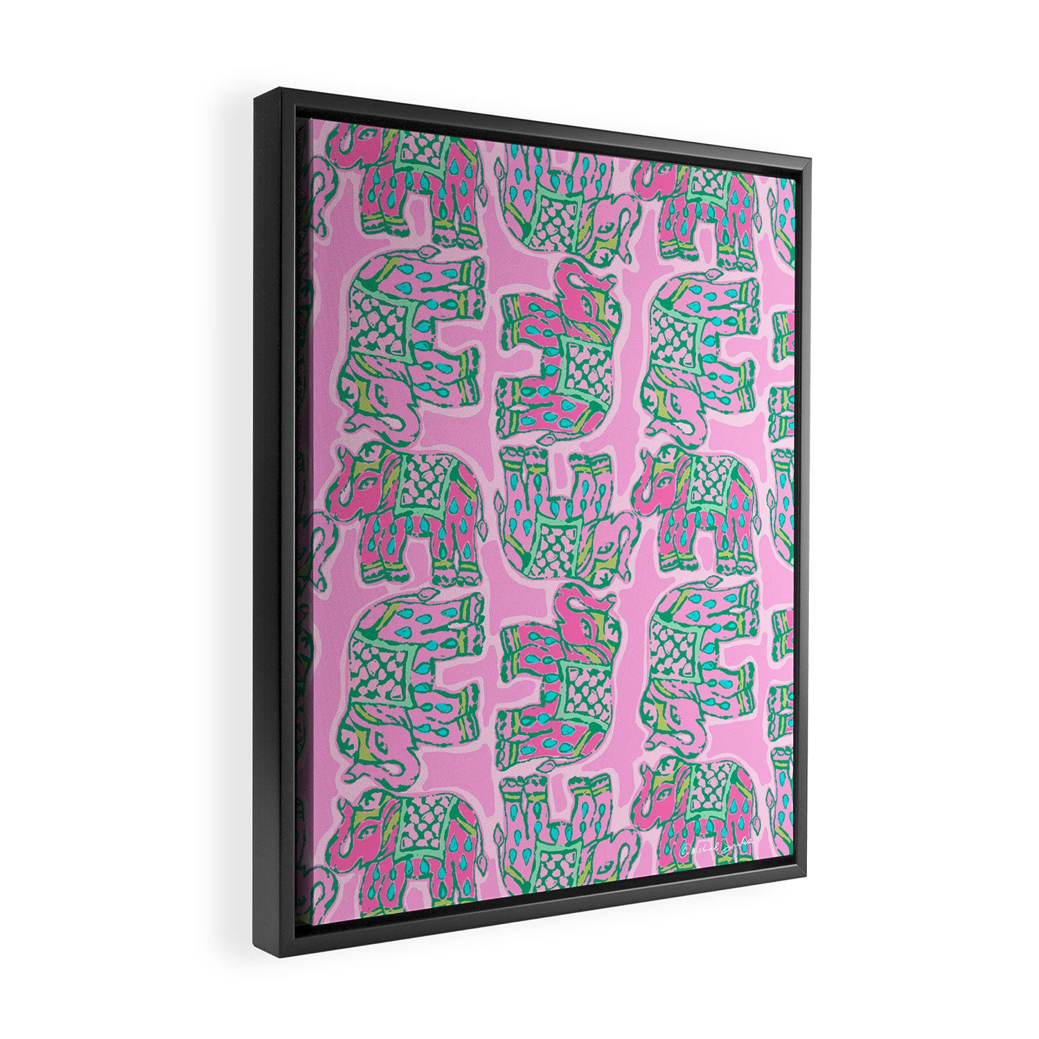Elephant Block Print in Pink and Green Framed Canvas Print Gallery Image 2