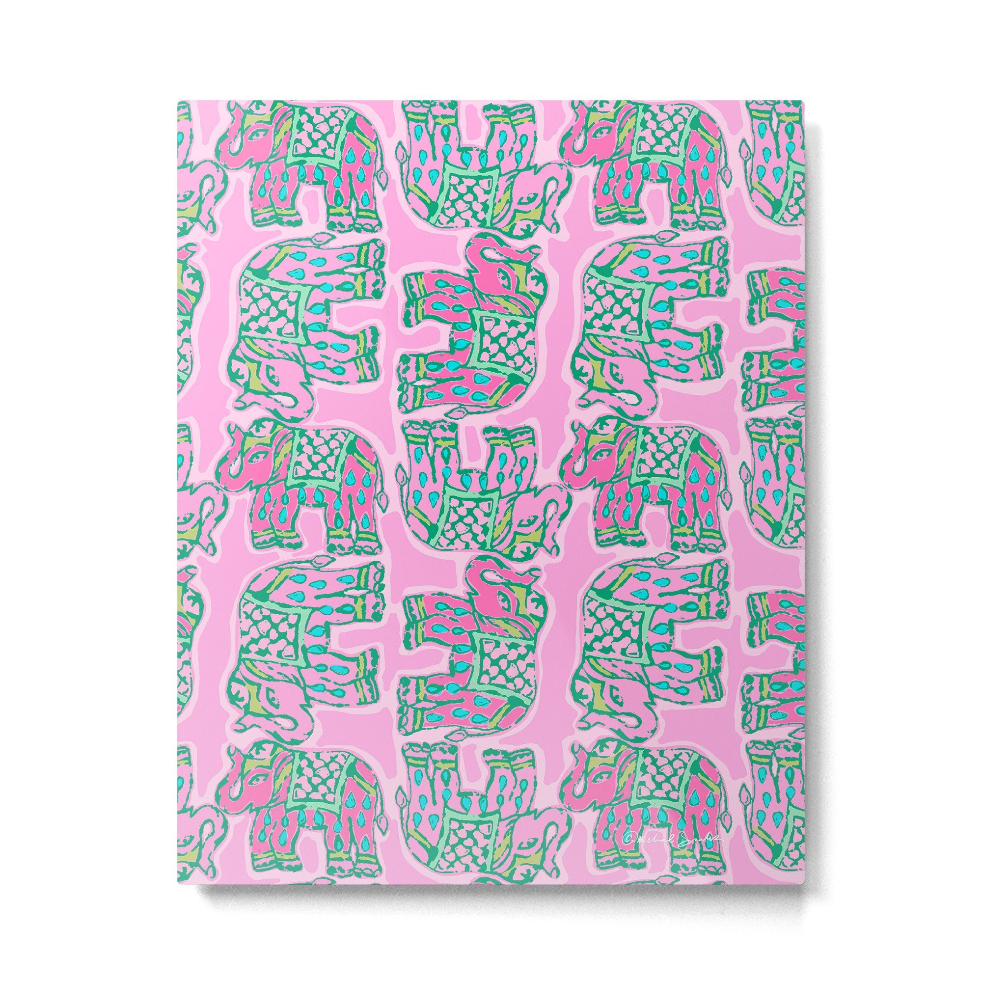 Elephant Block Print in Pink and Green Metal Print Gallery Image 4