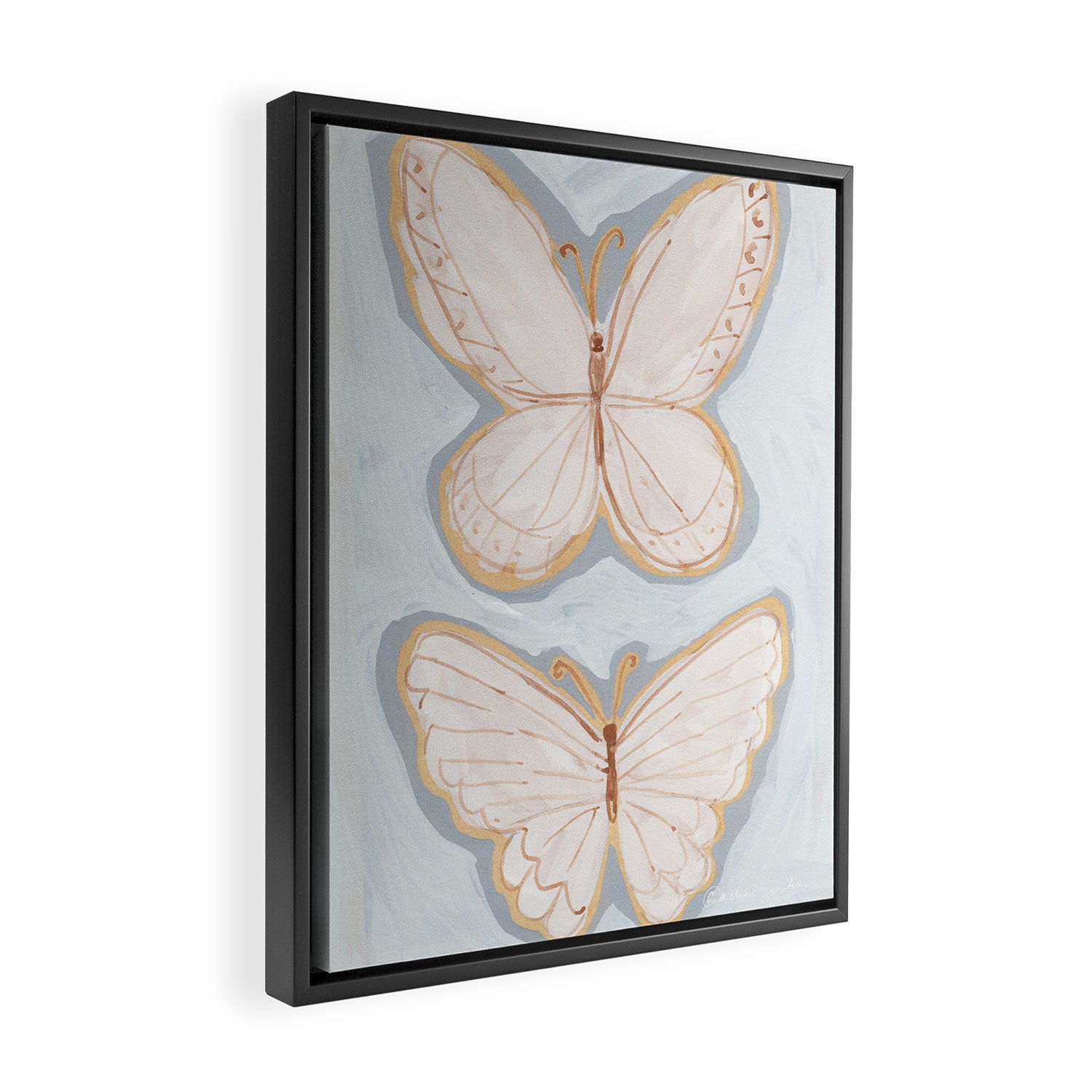 Two Butterflies on Blue Framed Canvas Print Gallery Image 2