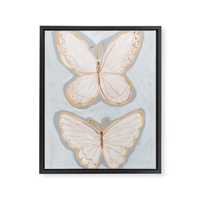 Two Butterflies on Blue Framed Canvas Print Gallery Image 1