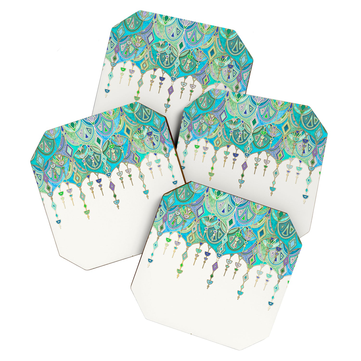 Art Deco Double Drop in Jade and Aquamarine on Cream Coaster Gallery Image 1