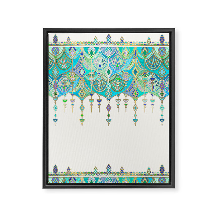 Art Deco Double Drop in Jade and Aquamarine on Cream Framed Canvas Print Gallery Image 1
