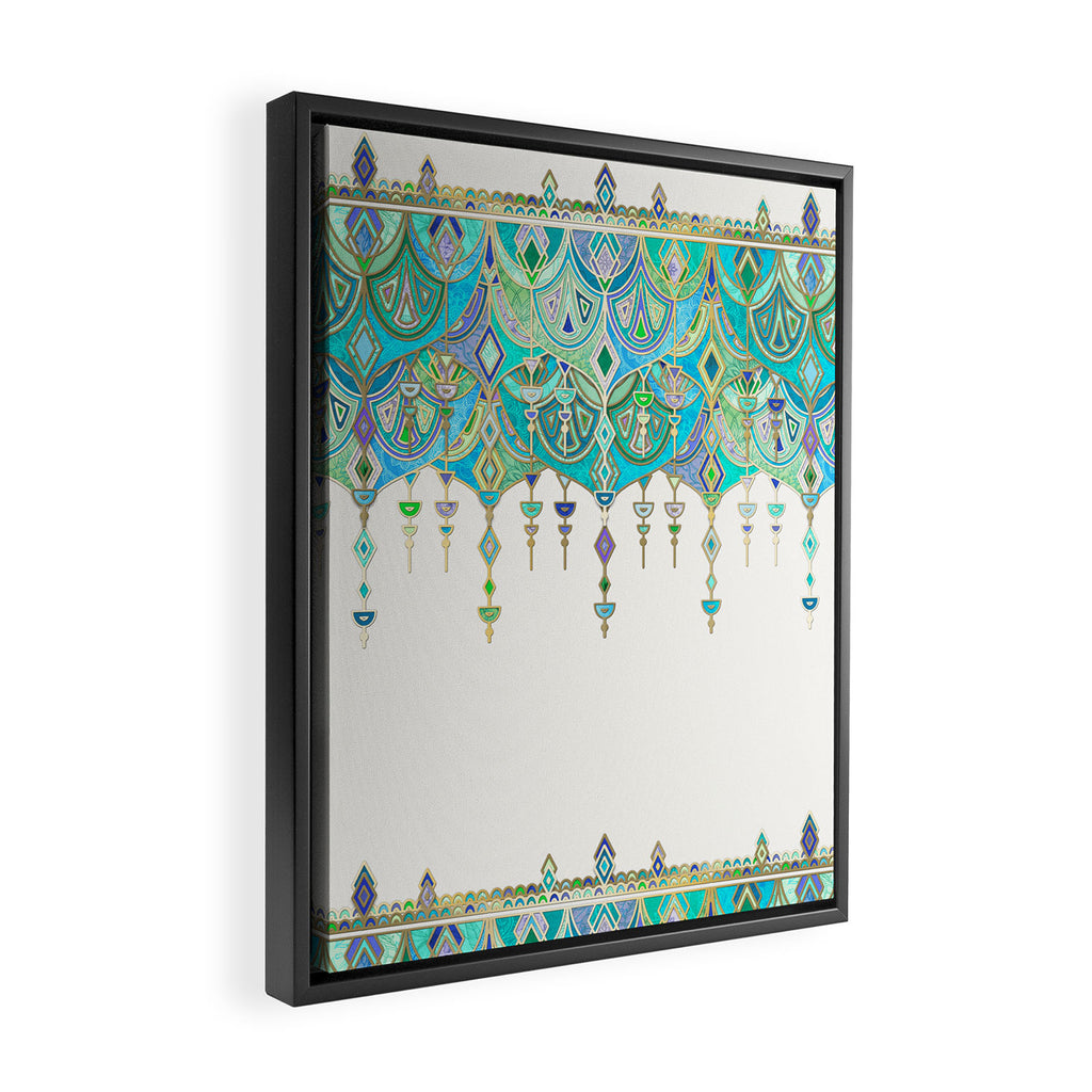 Art Deco Double Drop in Jade and Aquamarine on Cream Framed Canvas Print Gallery Image 2