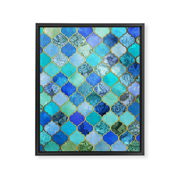Cobalt Blue, Aqua & Gold Decorative Moroccan Tile Pattern Framed Canvas Print Gallery Image 1