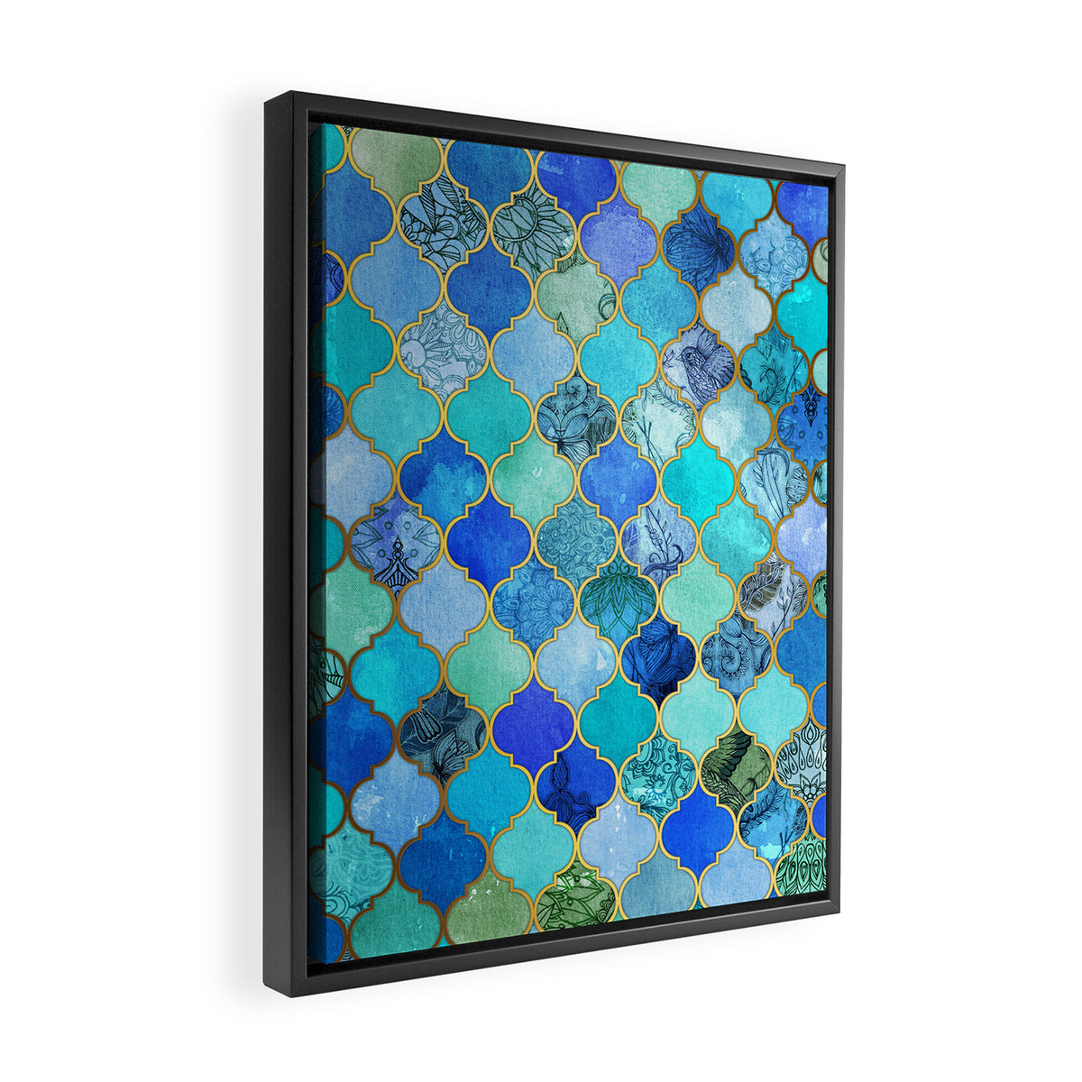 Cobalt Blue, Aqua & Gold Decorative Moroccan Tile Pattern Framed Canvas Print Gallery Image 2