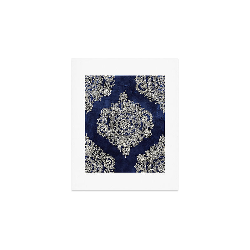 Cream Floral Moroccan Pattern on Deep Indigo Ink Art Print Gallery Image 1