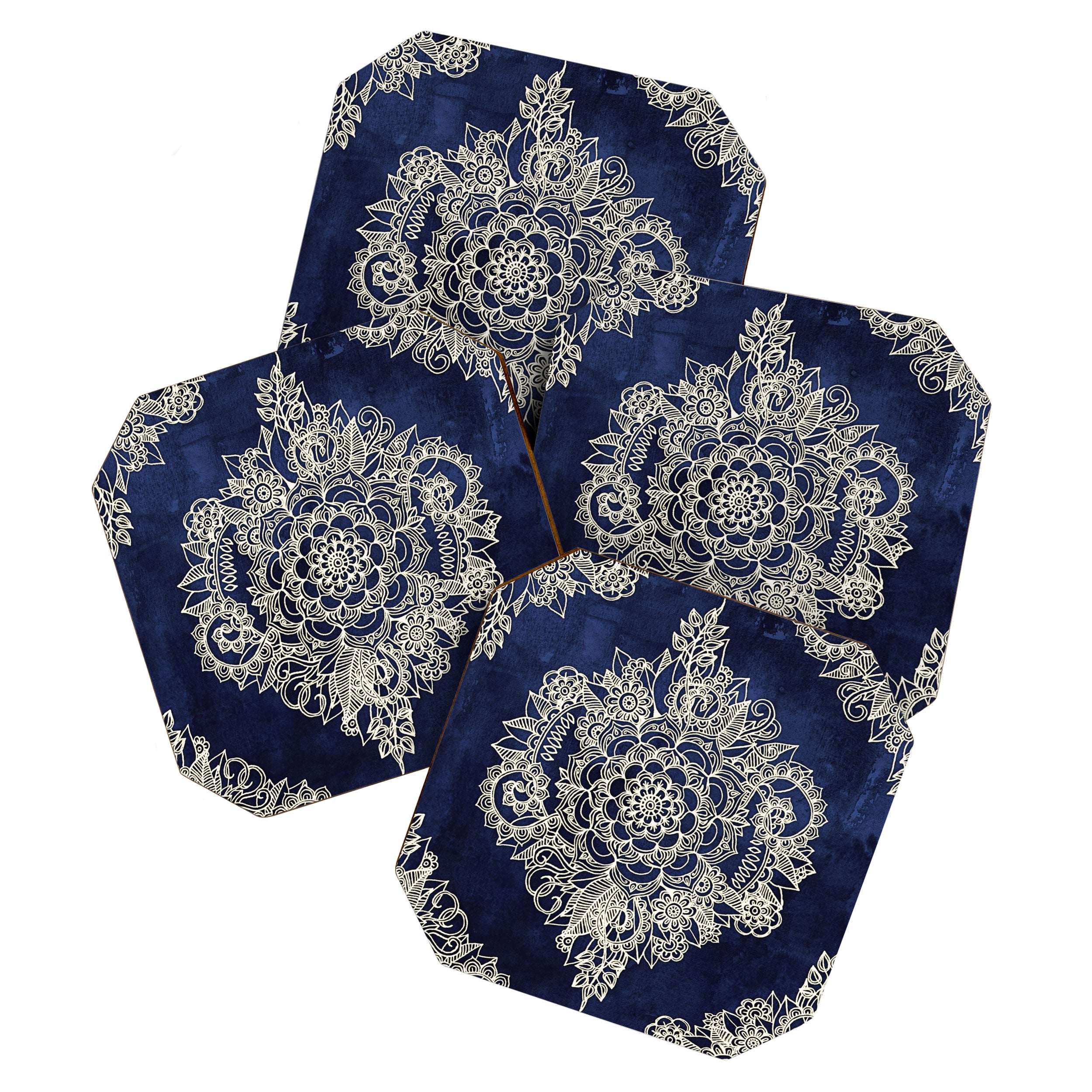 Cream Floral Moroccan Pattern on Deep Indigo Ink Coaster Gallery Image 1