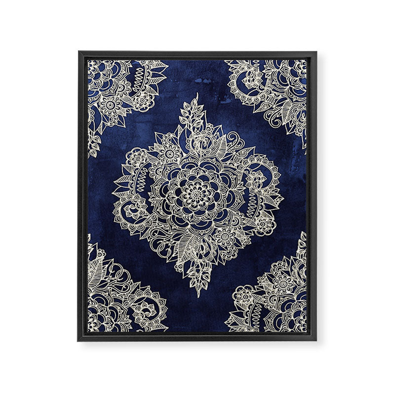 Cream Floral Moroccan Pattern on Deep Indigo Ink Framed Canvas Print Gallery Image 8