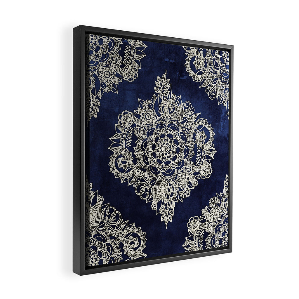 Cream Floral Moroccan Pattern on Deep Indigo Ink Framed Canvas Print Gallery Image 2