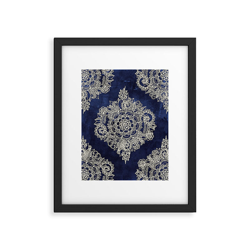 Cream Floral Moroccan Pattern on Deep Indigo Ink Framed Art Print Gallery Image 6
