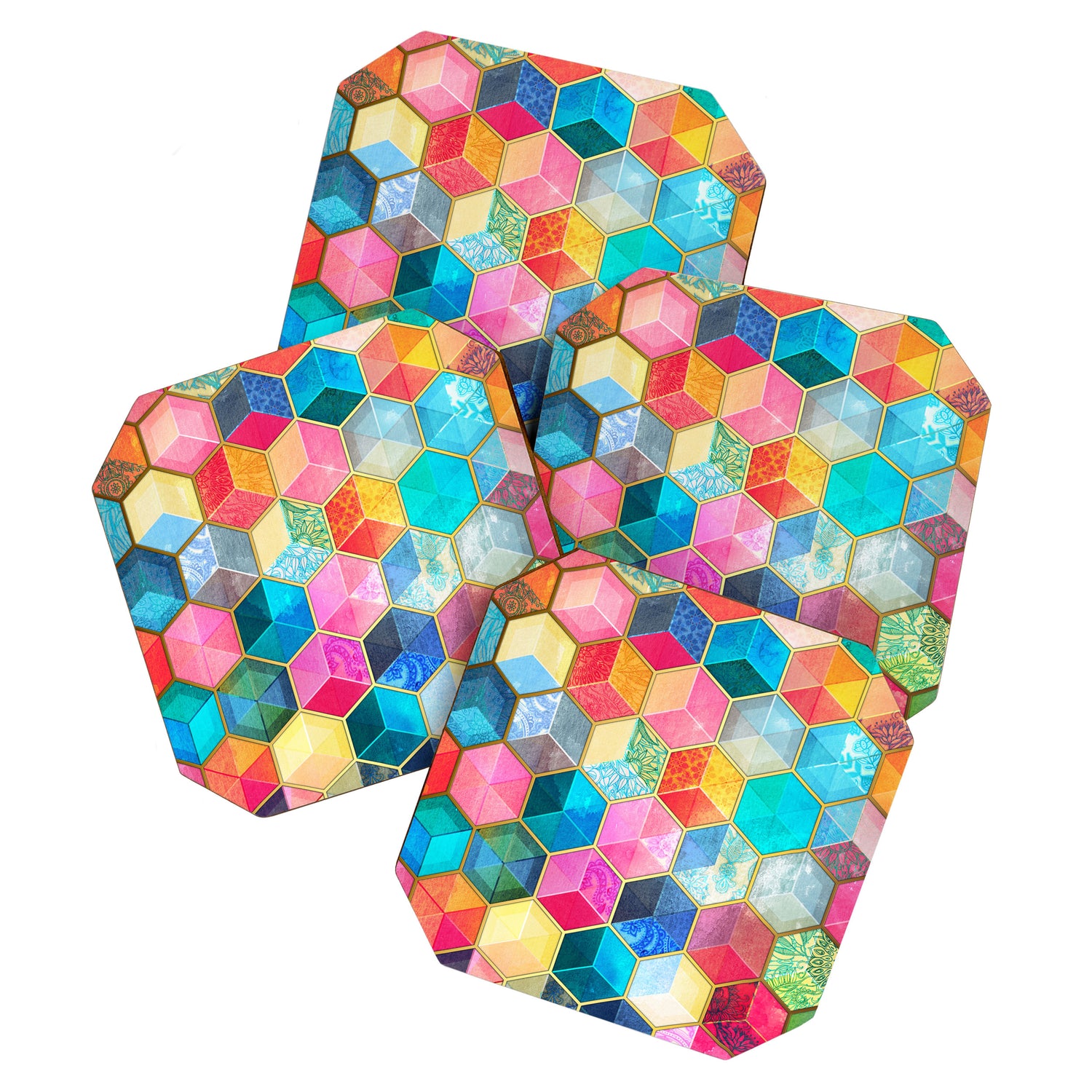 Crystal Bohemian Honeycomb Cubes - colorful hexagon pattern Coaster Gallery Image 1