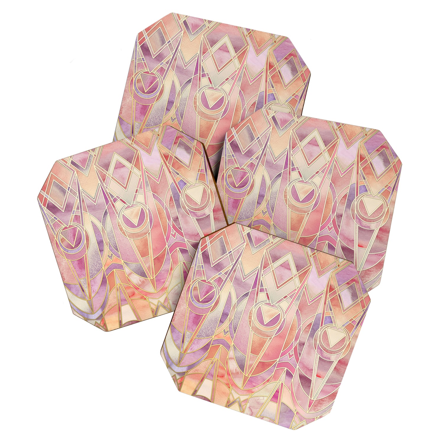 Glowing Coral and Amethyst Art Deco Pattern Coaster Gallery Image 1