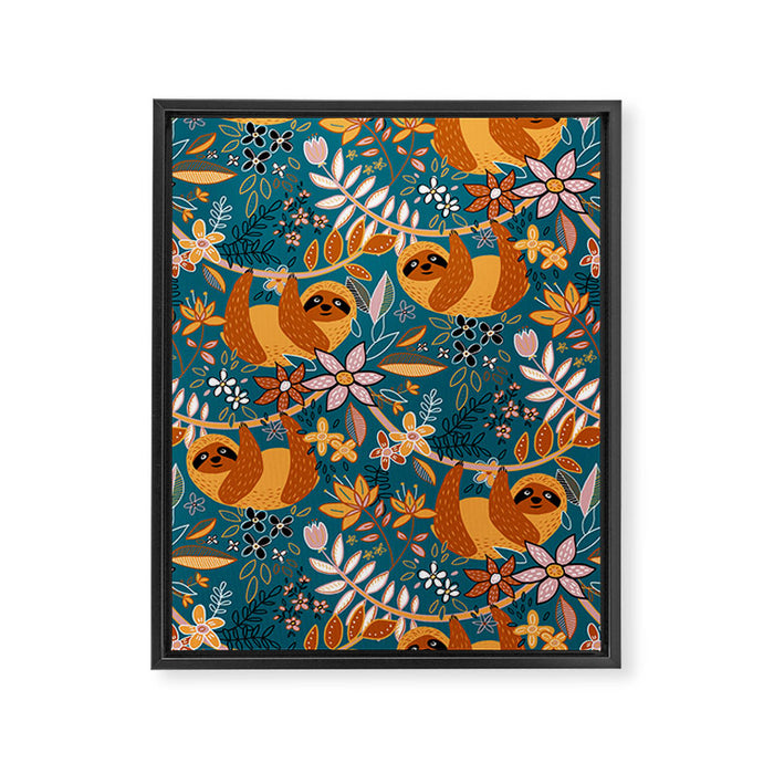 Happy Boho Sloth Floral Framed Canvas Print Gallery Image 1