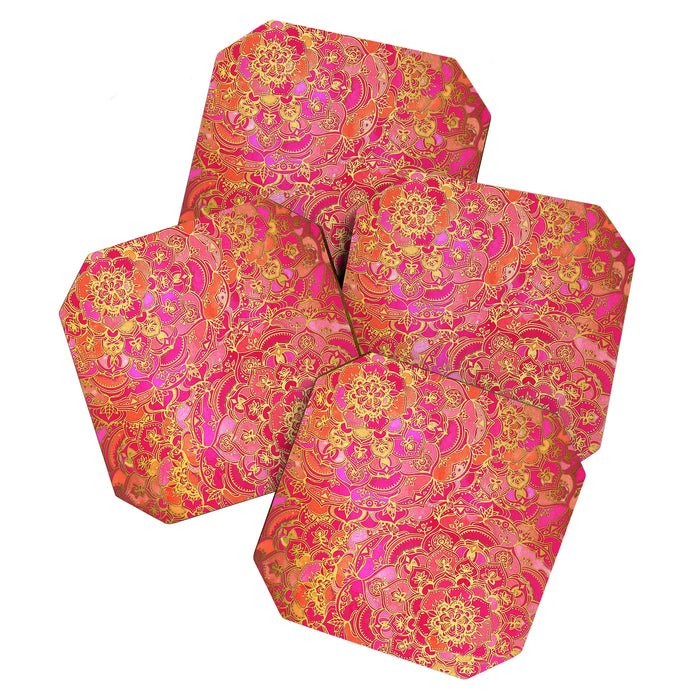 Hot Pink and Gold Baroque Floral Pattern Coaster Gallery Image 1