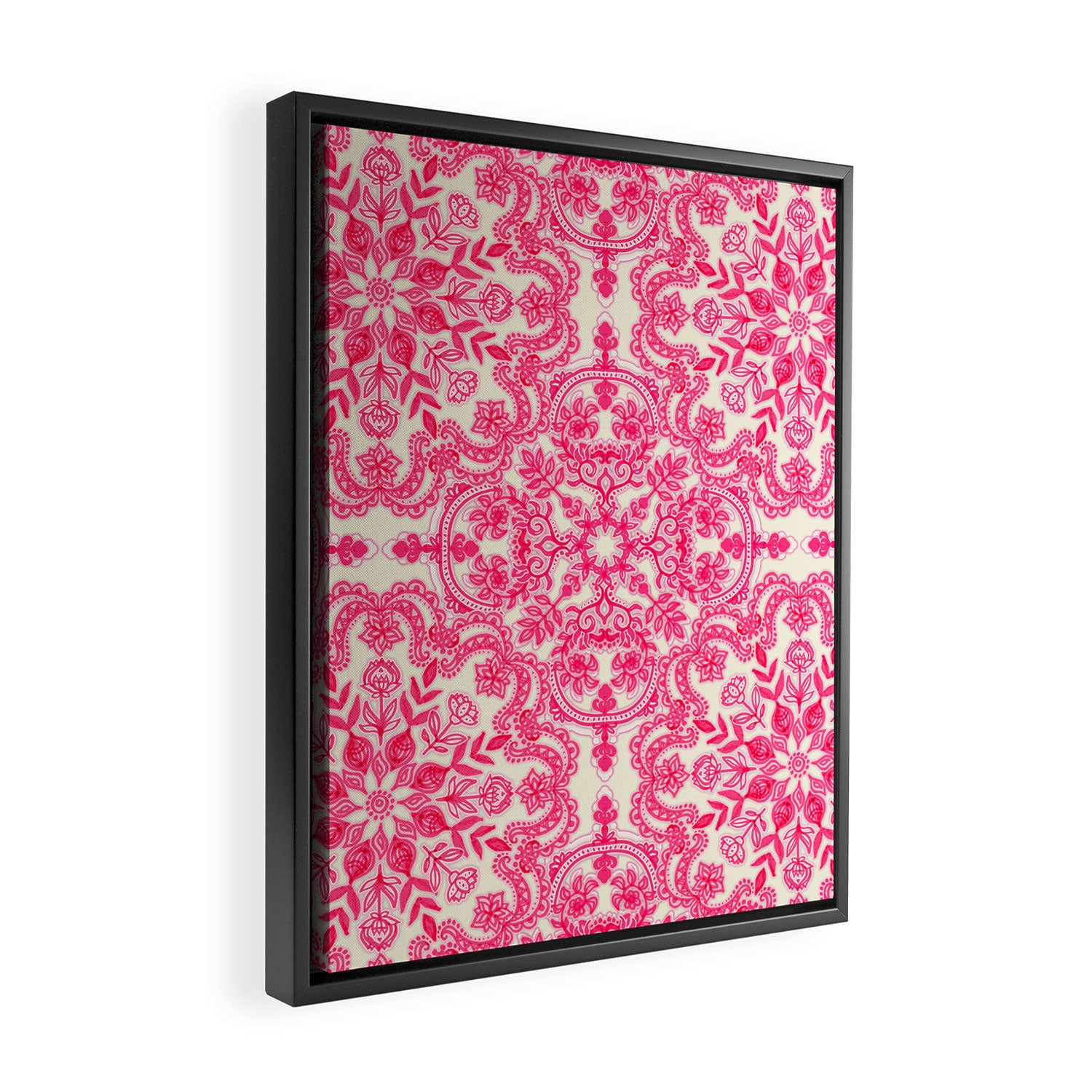 Hot Pink & Soft Cream Folk Art Pattern Framed Canvas Print Gallery Image 2