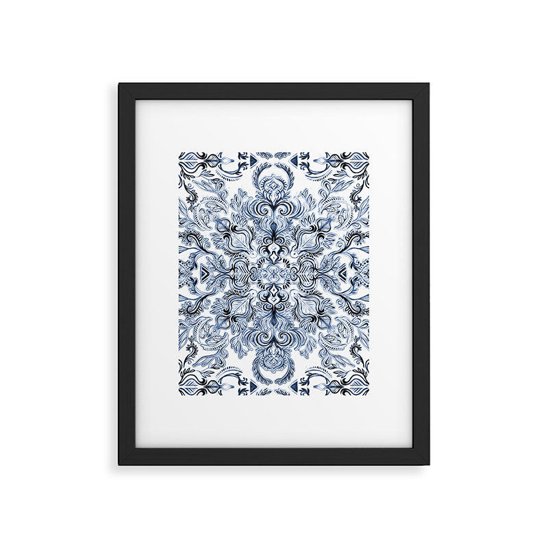 Indigo, Navy Blue and White Calligraphy Doodle Pattern Framed Art Print Gallery Image 6