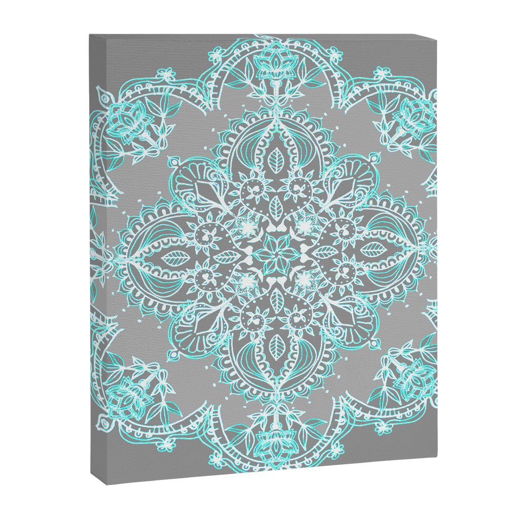 Teal and Aqua Lace Mandala on Grey Canvas Print Gallery Image 8