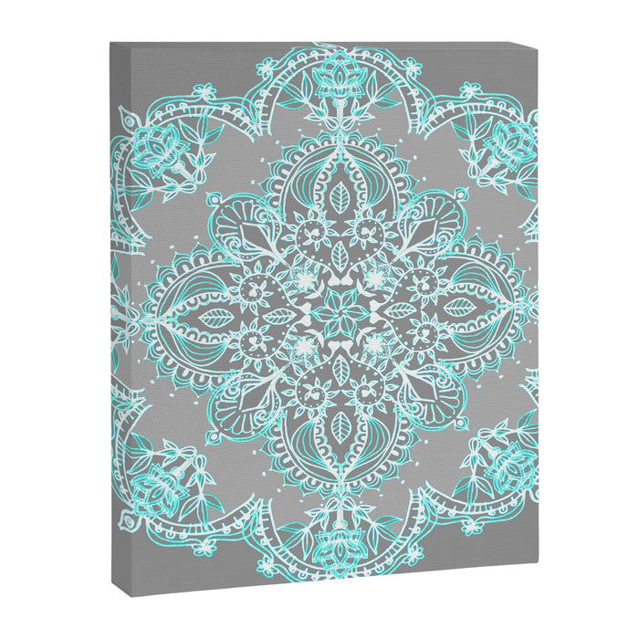 Teal and Aqua Lace Mandala on Grey Canvas Print Gallery Image 1