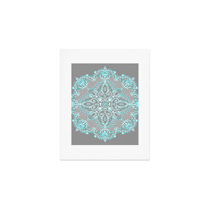 Teal and Aqua Lace Mandala on Grey Art Print Gallery Image 1