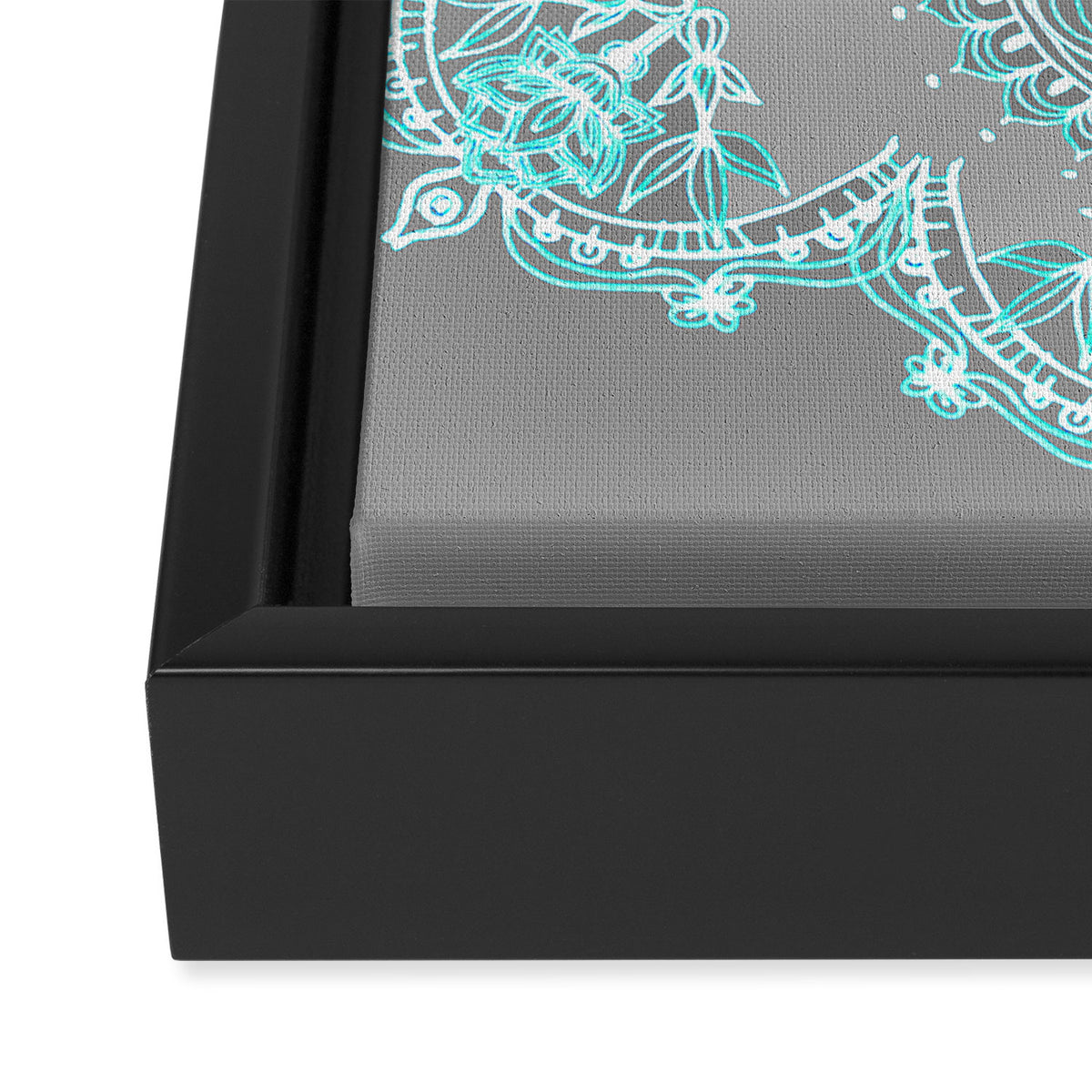 Teal and Aqua Lace Mandala on Grey Framed Canvas Print Gallery Image 3