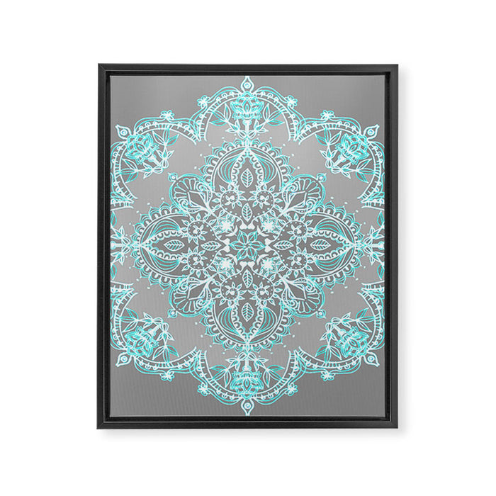 Teal and Aqua Lace Mandala on Grey Framed Canvas Print Gallery Image 1