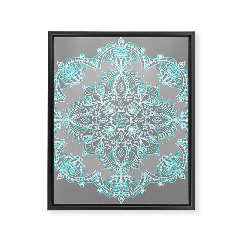 Teal and Aqua Lace Mandala on Grey Framed Canvas Print Gallery Image 8