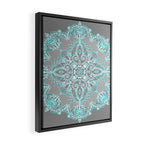Teal and Aqua Lace Mandala on Grey Framed Canvas Print Gallery Image 2