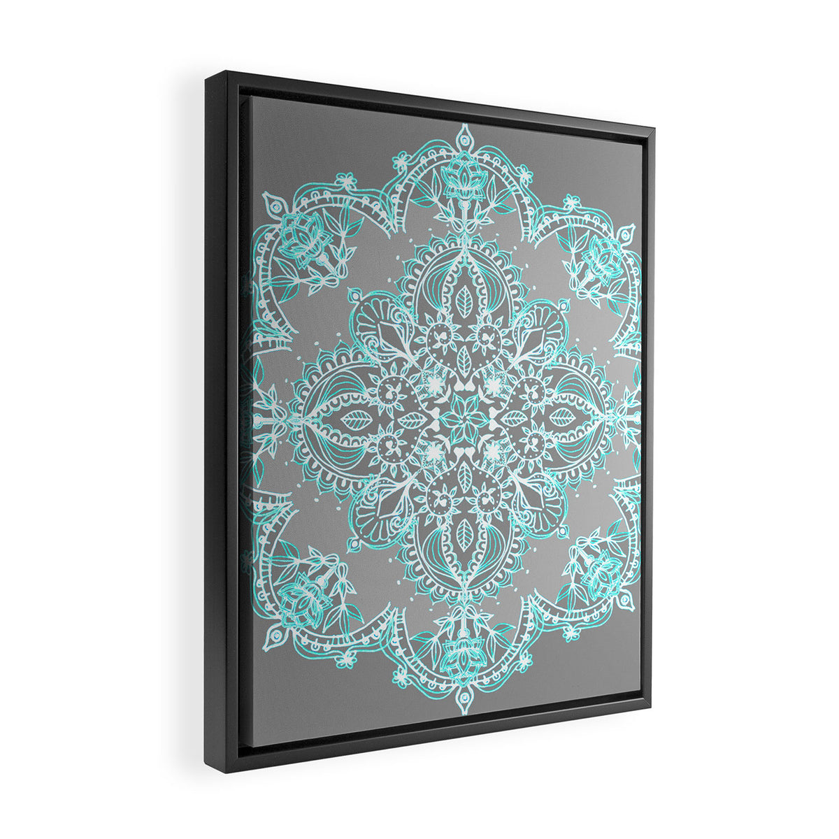 Teal and Aqua Lace Mandala on Grey Framed Canvas Print Gallery Image 2