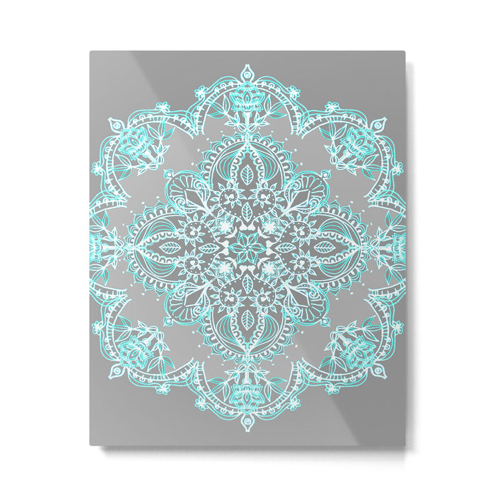 Teal and Aqua Lace Mandala on Grey Metal Print Gallery Image 1