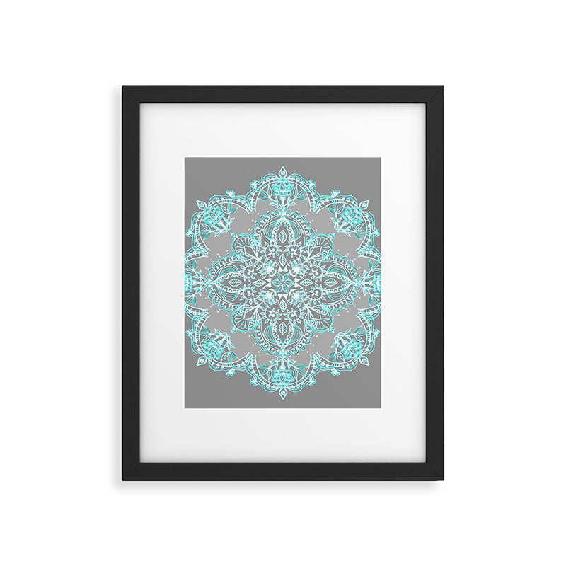 Teal and Aqua Lace Mandala on Grey Framed Art Print Gallery Image 6