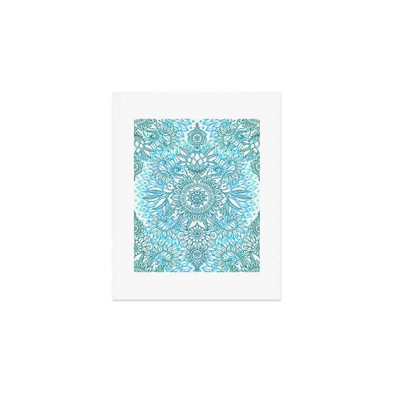 Turquoise Blue, Teal & White Protea Doodle Pattern Art Print Gallery Image 1