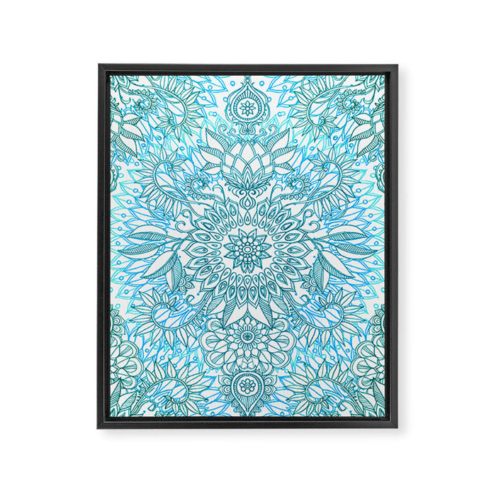 Turquoise Blue, Teal & White Protea Doodle Pattern Framed Canvas Print Gallery Image 1