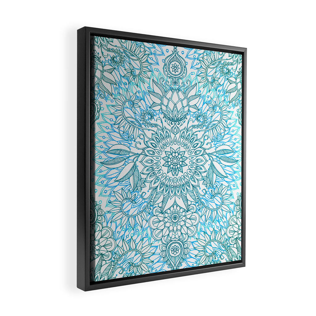 Turquoise Blue, Teal & White Protea Doodle Pattern Framed Canvas Print Gallery Image 2