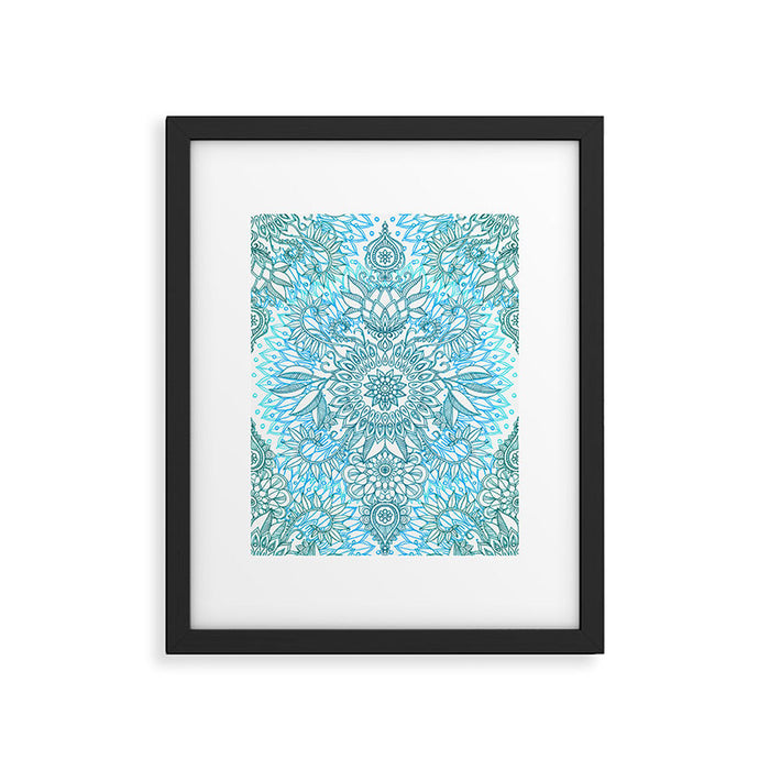 Turquoise Blue, Teal & White Protea Doodle Pattern Framed Art Print Gallery Image 1