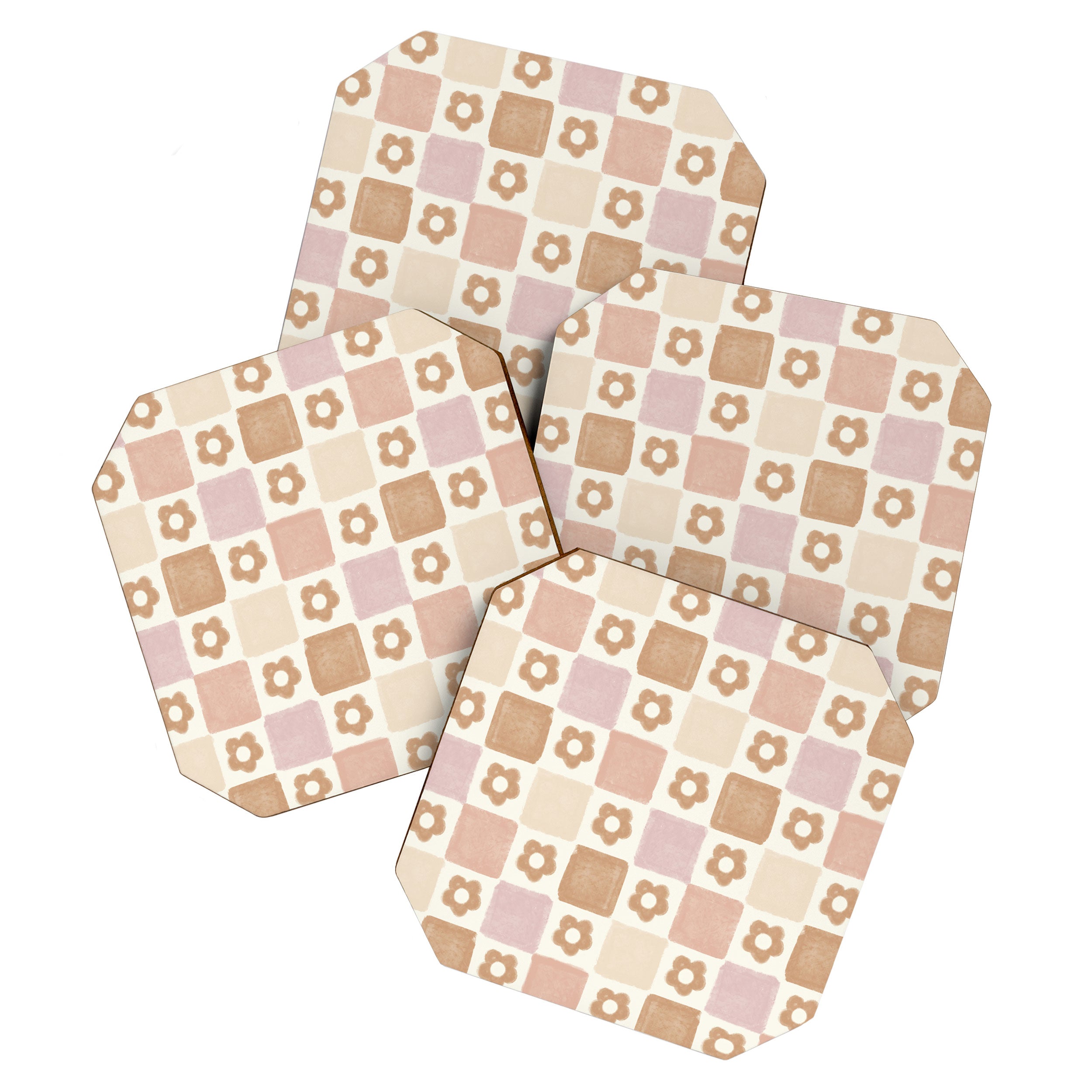Checkered Floral - Pink Brown Beige Coaster Gallery Image 1