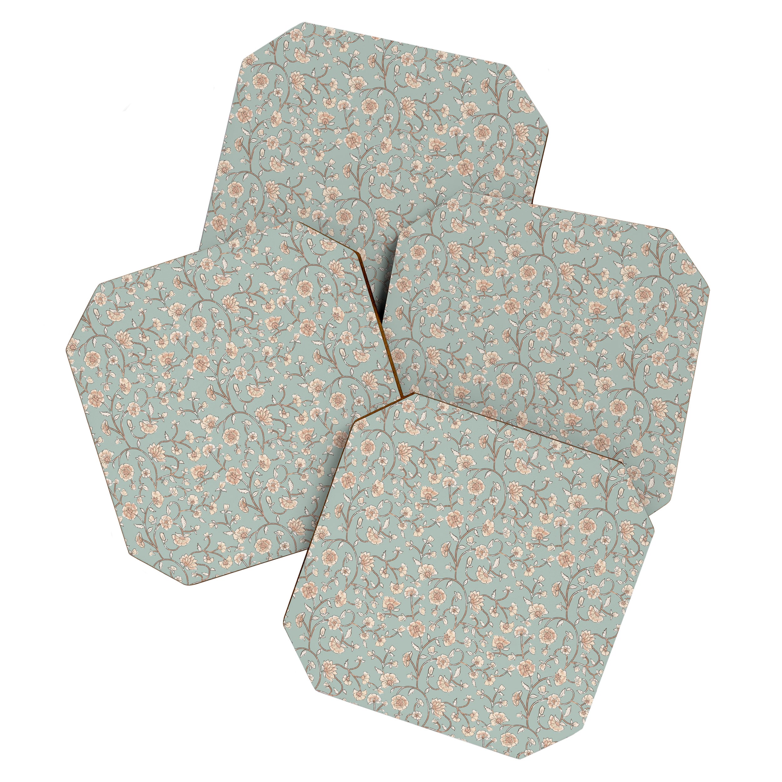Ditsy Trailing Block Print Floral - Light Sage Green Coaster Gallery Image 1