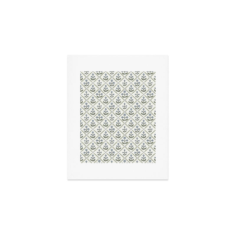 Lattice Block Print Floral - Blue Green Art Print Gallery Image 1