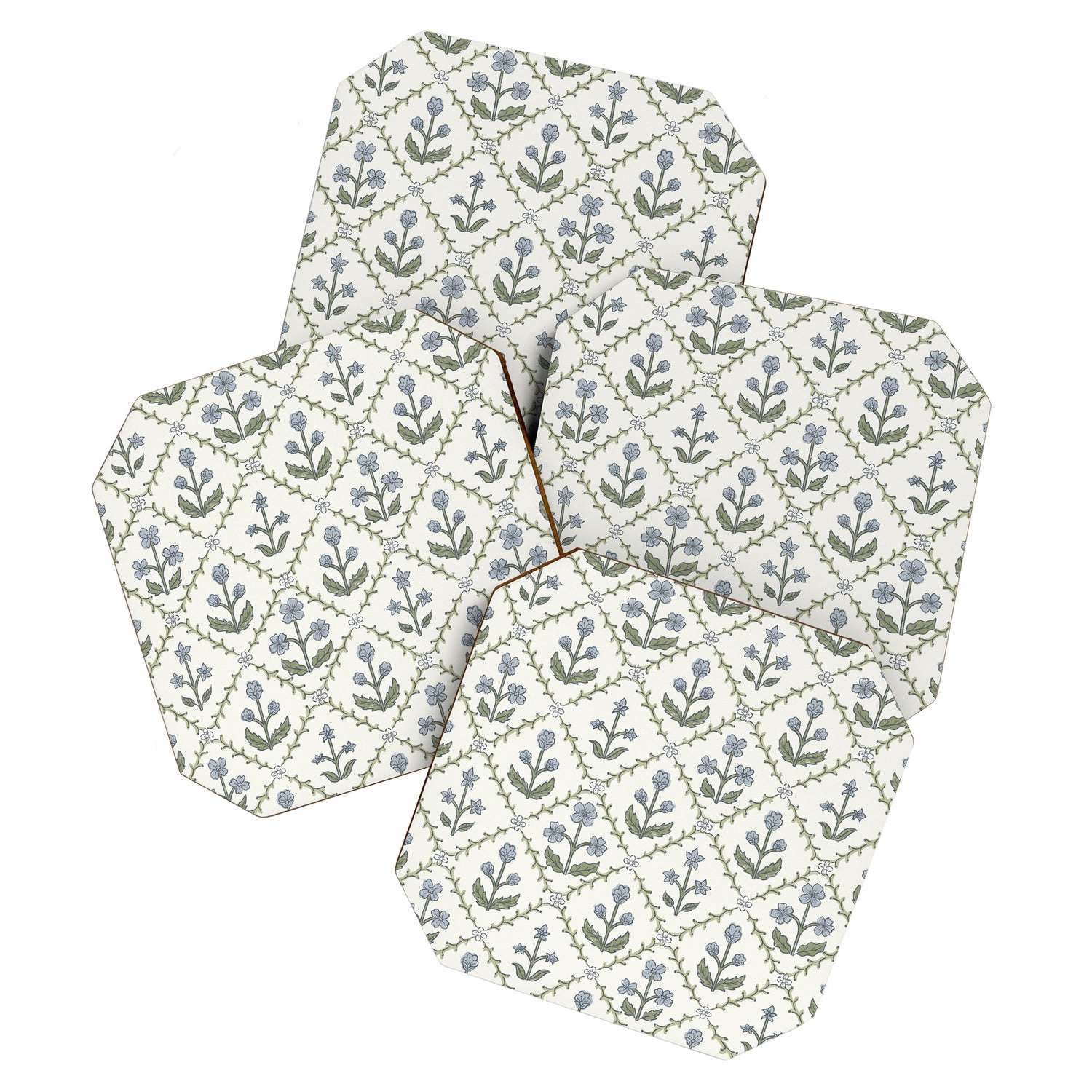 Lattice Block Print Floral - Blue Green Coaster Gallery Image 1