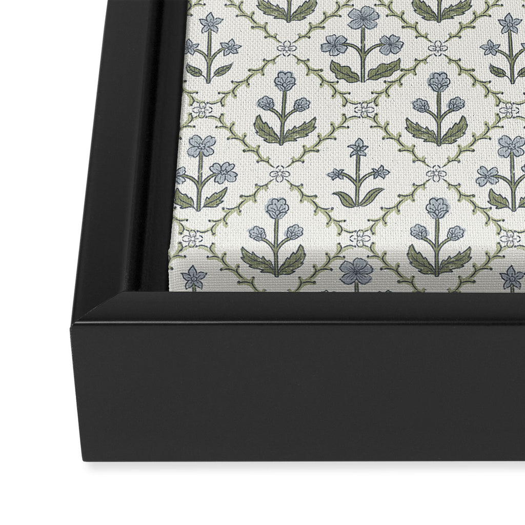 Lattice Block Print Floral - Blue Green Framed Canvas Print Gallery Image 3