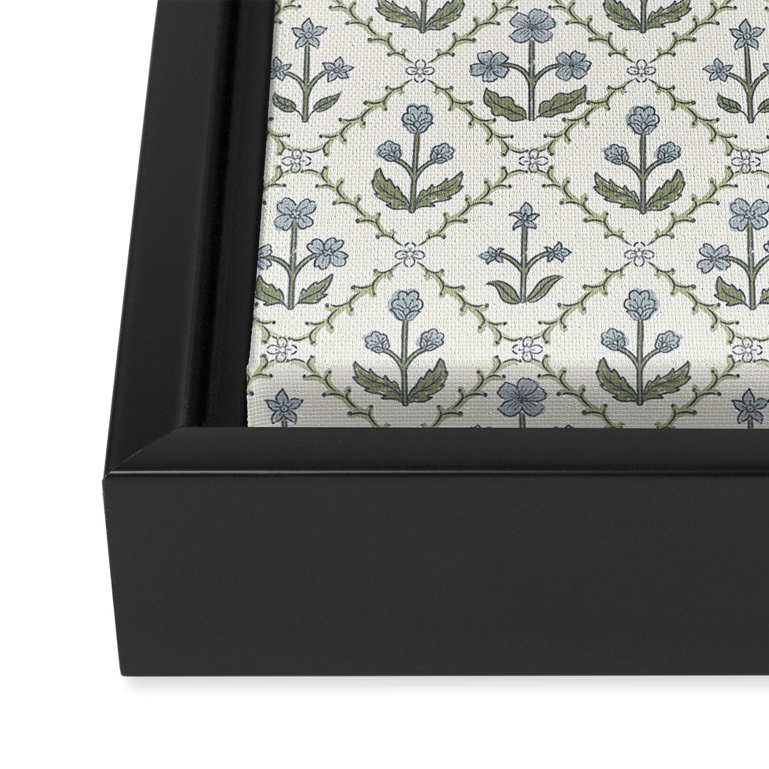 Lattice Block Print Floral - Blue Green Framed Canvas Print Gallery Image 3