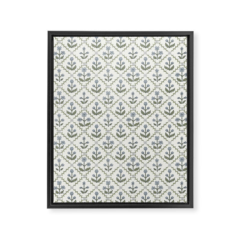 Lattice Block Print Floral - Blue Green Framed Canvas Print Gallery Image 8