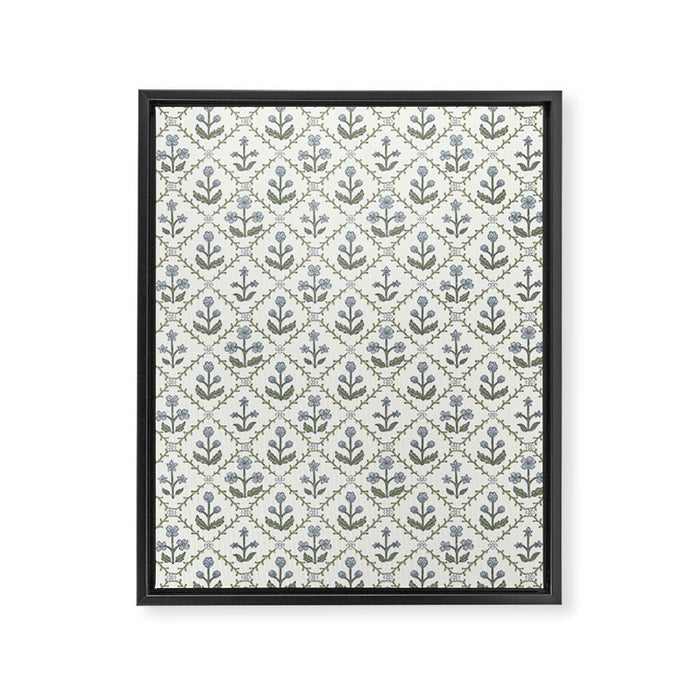 Lattice Block Print Floral - Blue Green Framed Canvas Print Gallery Image 1